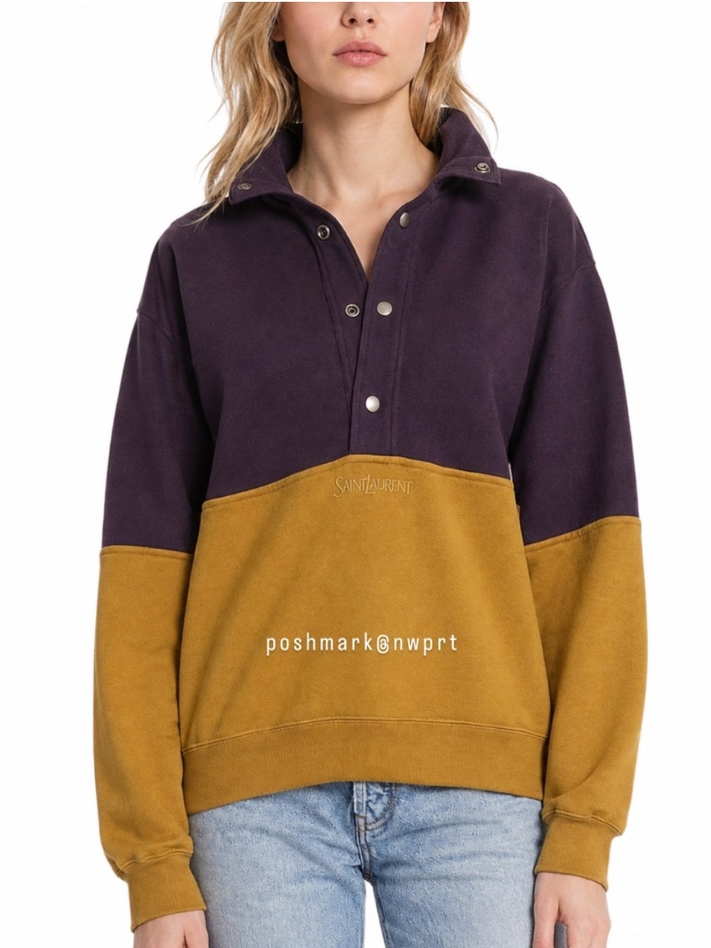 Saint Laurent Bicolor Funnel Neck Pullover Track Jacket Maroon Mustard XS 0 2